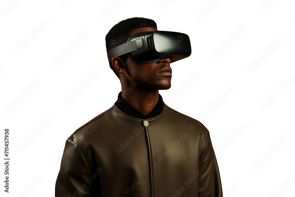 A black man using virtual reality headset, isolated on transparent background A black man using virtual reality headset, isolated on transparent background