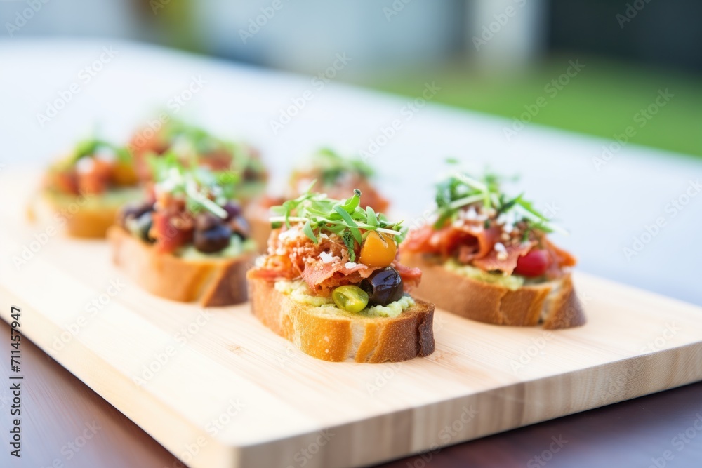 sun-dried tomato and olive bruschettas in a row