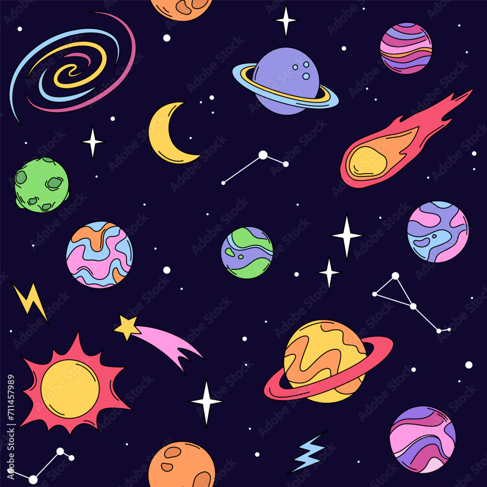 Space, planets and stars seamless pattern, background. Cartoon drawings, vector doodle illustrations. Space, planets and stars seamless pattern, background. Cartoon drawings, vector doodle illustrations.