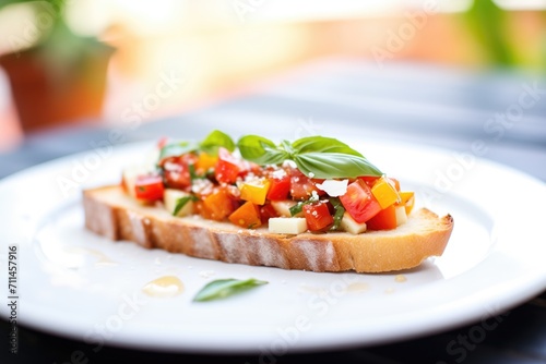 sliced baguette with diced tomatoes and basil on top