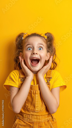 Portrait of a Young, Excited, and Shocked Girl Child Kid Holding Hands, Isolated on a Yellow Background, Radiating Joy and Playfulness