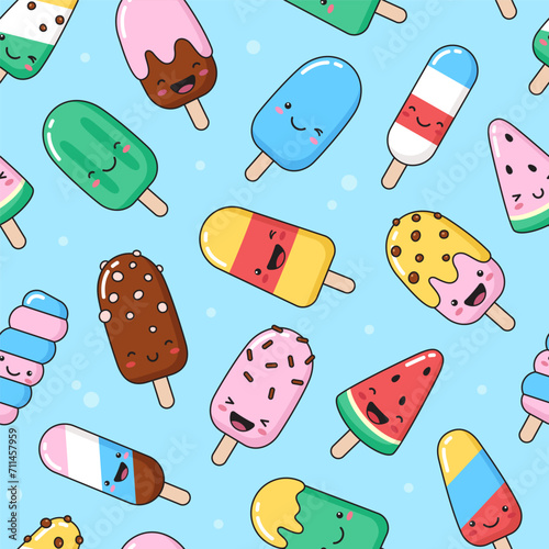 Simple smiling ice cream, eskimo, popsicle seamless pattern. Summer, dessert with face, cute vector cartoon backgroundice cream with faces pattern