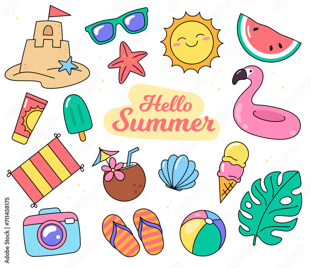 Summer, vacation, holiday, beach objects and accessories. Set of vector cartoon drawings, illustrations