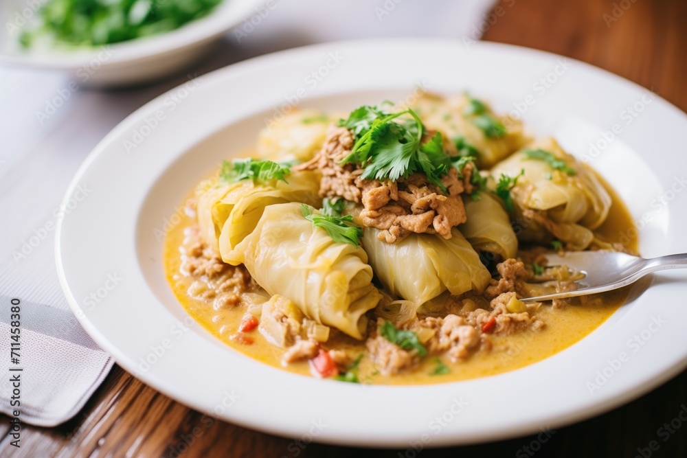 cabbage rolls being drizzled with creamy white sauce