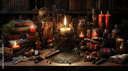 Wiccan symbols and tools on the table indoor. photo