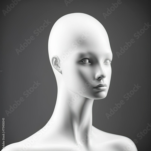 front image of shiny white female mannequin doll with a male mannequin figure in the back, on black and white background. front image of a display dummy figures