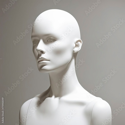 front image of shiny white female mannequin doll with a male mannequin figure in the back  on black and white background. front image of a display dummy figures