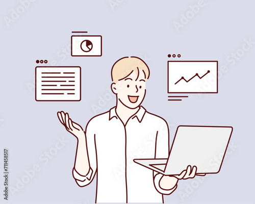 Successful young man holding  laptop computer. Hand drawn style vector design illustrations.