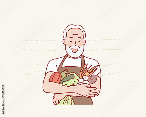 Senior with box vegetables garden. Hand drawn style vector design illustrations.