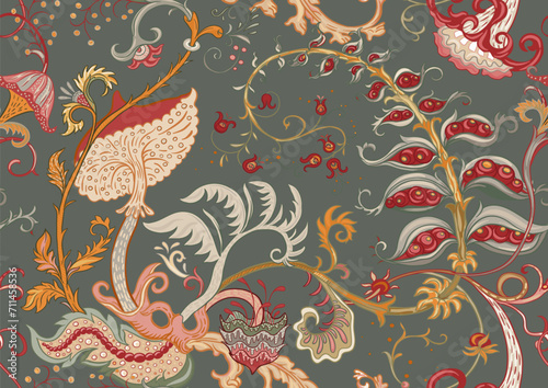 Fantasy, alien hypnotic flowers, decorative flowers and leaves. Cartoon style. Millefleurs trendy floral design. Seamless pattern, background. Outline hand drawing vector illustration.