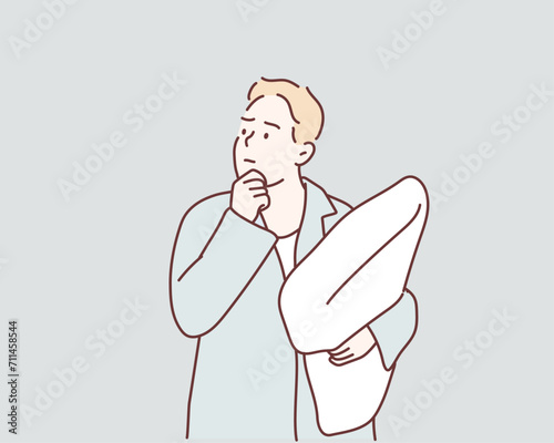 man with big pillow. Hand drawn style vector design illustrations.