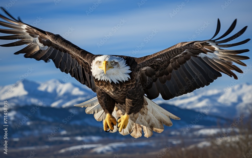 Gracefully soaring above the snowy mountains, a majestic bald eagle displays its powerful wings and fierce beak as it surveys its outdoor kingdom