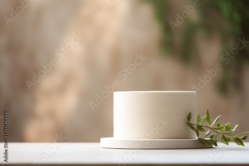 White cup on a blurred light and green background. Concept for advertising coffee, tea, drinks. 
