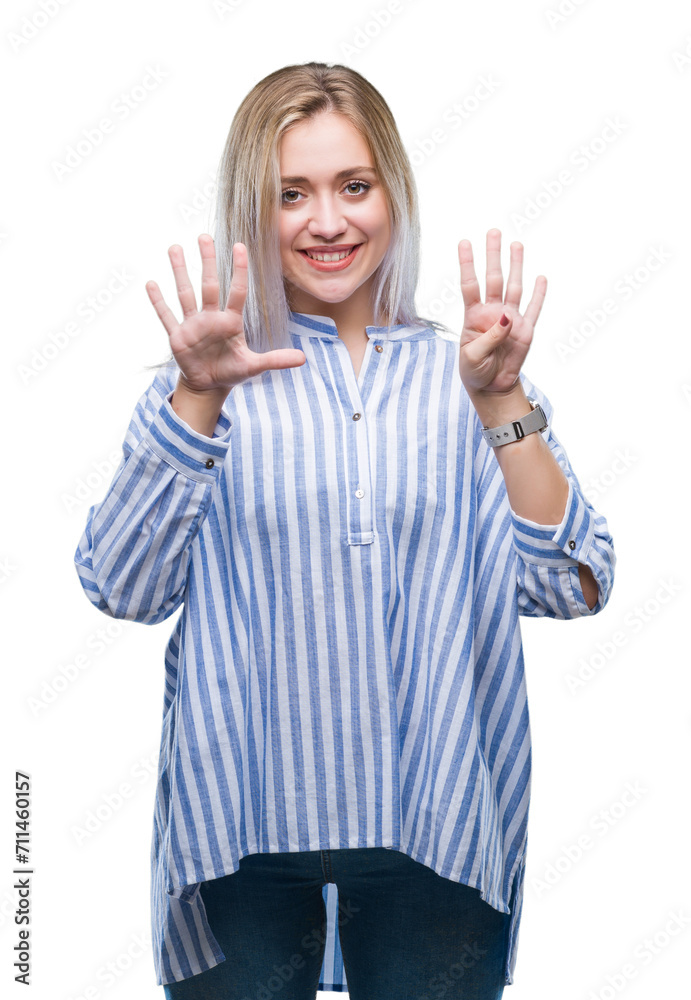 Young blonde woman over isolated background showing and pointing up with fingers number nine while smiling confident and happy. Young blonde woman over isolated background showing and pointing up with fingers number nine while smiling confident and happy.
