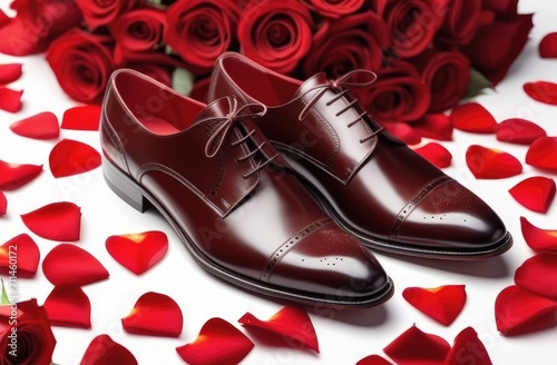 Men's brown leather shoes on white marble, roses and rose petals are lying next to them. A place for the text. Holiday card, wedding background, valentine's day.
