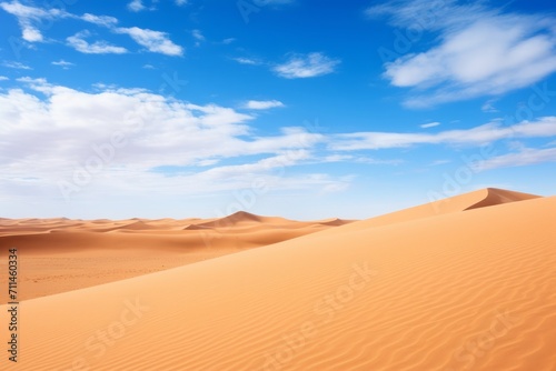 Majestic desert landscape with endless dunes under a brilliant azure sky, Generative AI