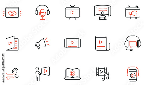 Vector Set of linear icons to live video content, online streaming and media product. Mono line pictograms and infographics design elements