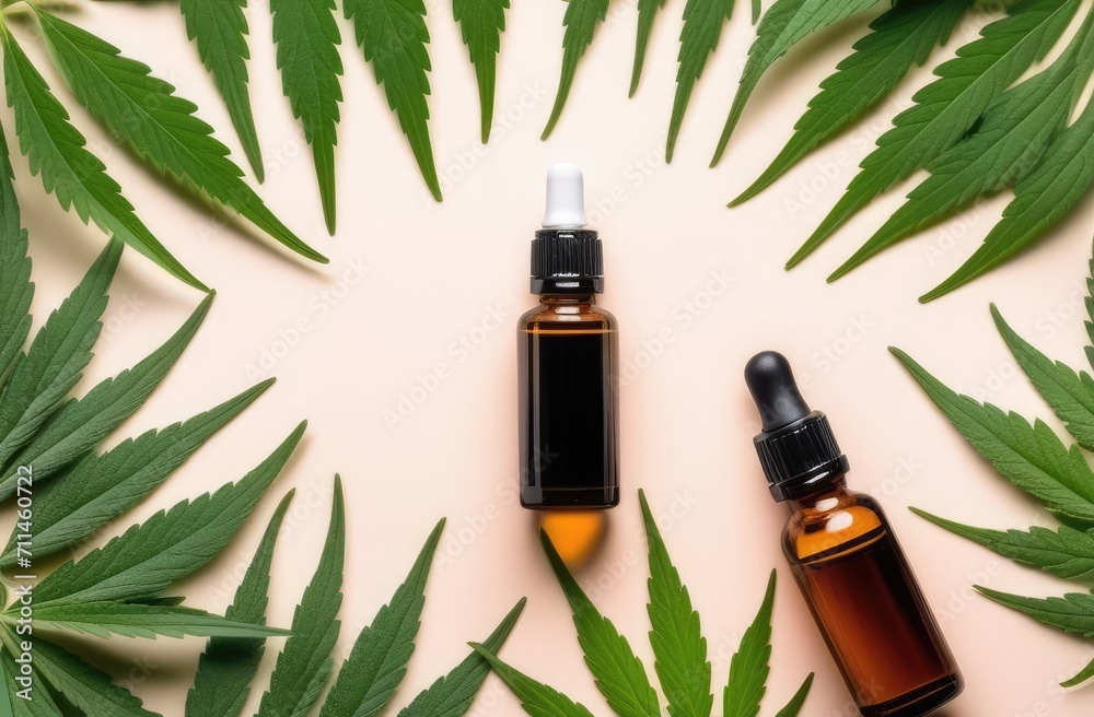 top view of cannabis oil bottles among leaves, flat lay. medical and cosmetic usage of marijuana. top view of cannabis oil bottles among leaves, flat lay. medical and cosmetic usage of marijuana.