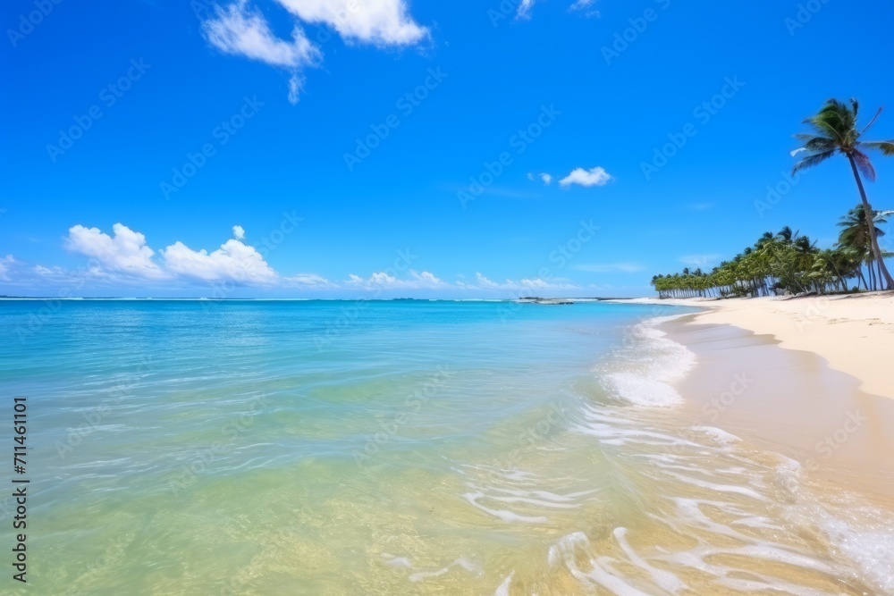 Panoramic view of a beach paradise under a brilliant blue sky and gentle ocean waves, Generative AI Panoramic view of a beach paradise under a brilliant blue sky and gentle ocean waves, Generative AI