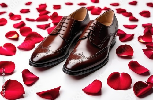 Men's brown leather shoes on white marble, roses and rose petals are lying next to them. A place for the text. Holiday card, wedding background, valentine's day.