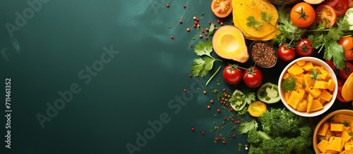 Top view of fresh vegetables and spices on dark wooden background with space for text. Vegetarian food, health or cooking concept.