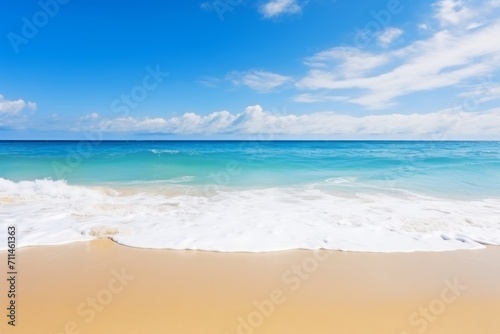 Panoramic view of a beach paradise under a brilliant blue sky and gentle ocean waves, Generative AI © ManusiaIkan