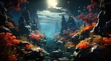 Nature's underwater oasis: a vibrant reef teeming with life, surrounded by a tranquil river adorned with rocks and lush aquatic plants, creating a serene and captivating aquarium-like scene