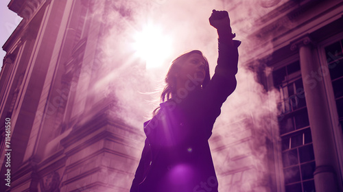 Photograph of a woman silhouette closing fist of up high in front of government building. Purple smoke color palette. Women's day. 8M