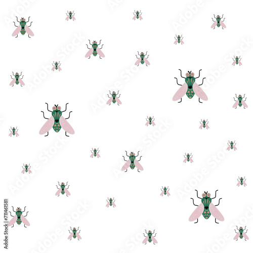 flies insect background, house flies, domestic insect. Vector Illustration for background, cover and packaging. Image can be used for greeting card, poster and sticker. Isolated on white background. © Анна Кулик