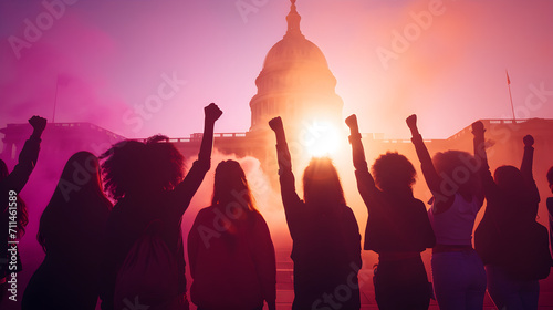 Photograph of a group of women closing fist of up high in front of government building. Purple smoke color palette. Women's day. 8M photo