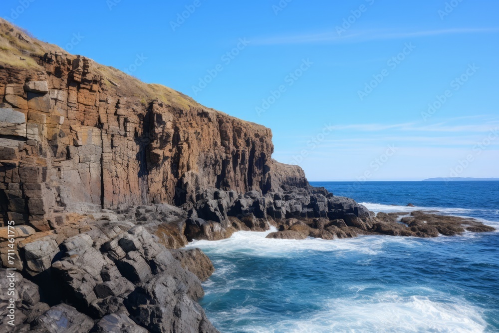Rocky cliffs by the sea, with waves crashing below and a cloudless blue sky above, Generative AI