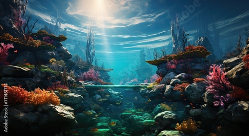 An immersive underwater world filled with vibrant coral reefs, diverse marine life, and peaceful aquatic organisms, captured in a stunning aquarium display © Gaga AI