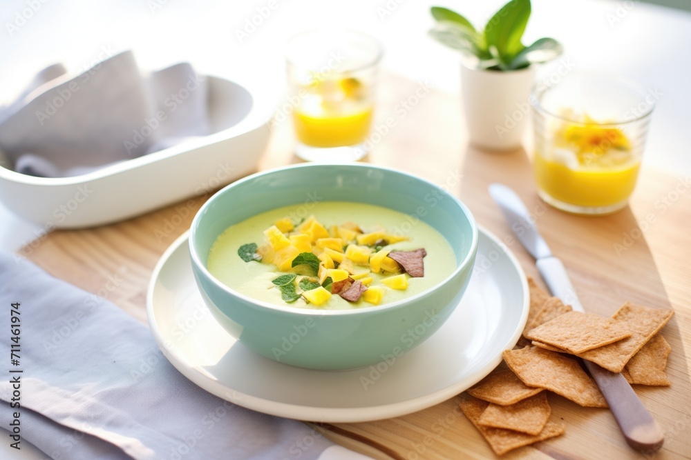 creamy avocado detox soup, tortilla chips on the side creamy avocado detox soup, tortilla chips on the side