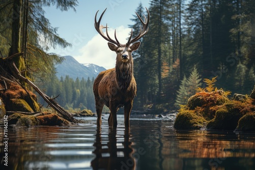 A majestic deer gracefully stands in the serene river, surrounded by towering trees and reflected in the still waters, embodying the untamed beauty of nature