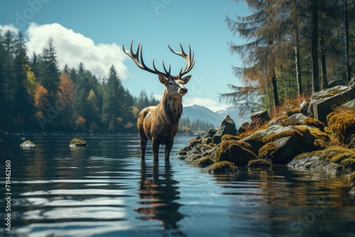 A majestic deer stands in the tranquil water, surrounded by the breathtaking landscape of mountains and trees, its powerful antlers reflected in the stillness of the lake, embodying the untamed spiri