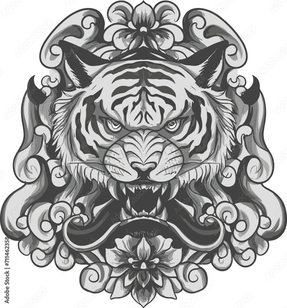 A sketch of a roaring tiger's face and dragon in black and white.