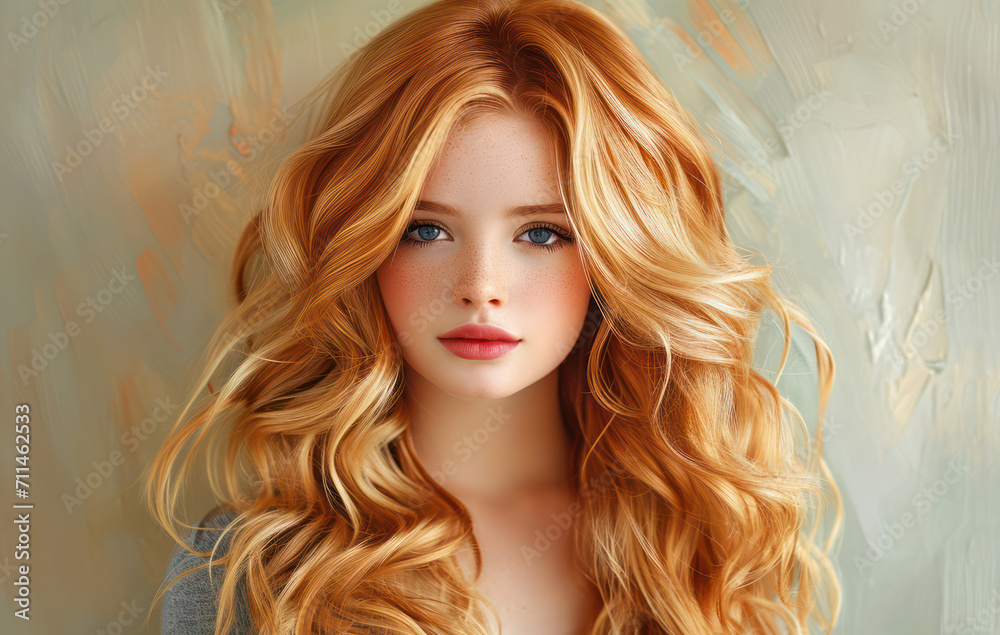 Glamour Face: A Bright Portrait of a Young, Pretty Redhead Model with Curly Hair and Healthy Skin Glamour Face: A Bright Portrait of a Young, Pretty Redhead Model with Curly Hair and Healthy Skin