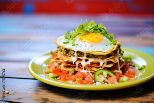 stacked enchiladas with egg on top, a new mexican style dish