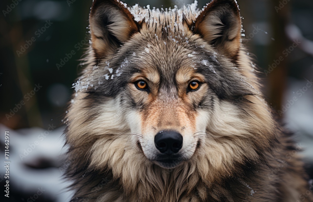 A majestic red wolf stands proudly in the winter snow, its snout covered in frost, embodying the fierce and resilient spirit of a wild, outdoor mammal