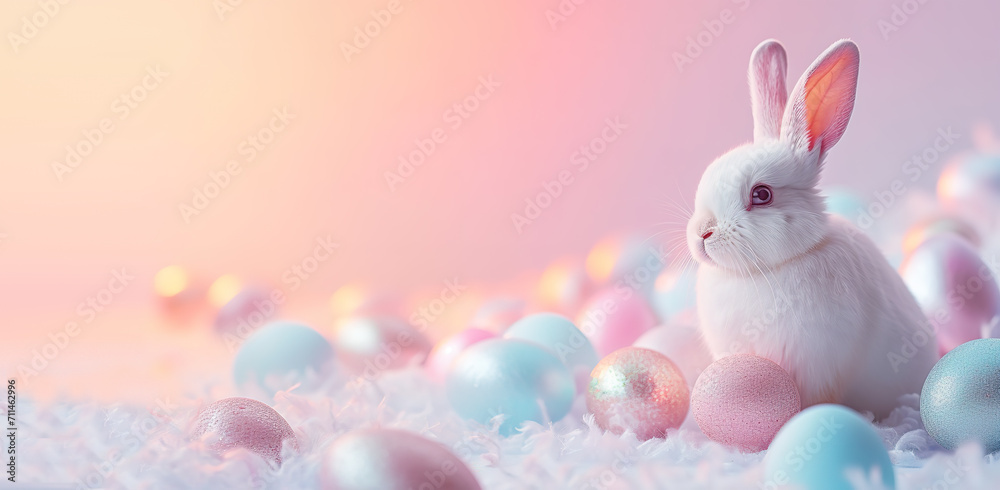 Happy Easter, white rabbit with eggs on a light background. 