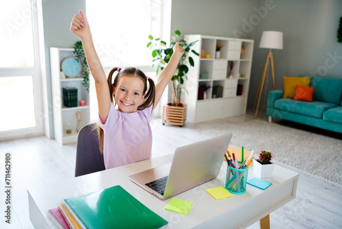 Photo of cheerful overjoyed girl sit chair raise fists achievement wireless laptop desktop apartment indoors