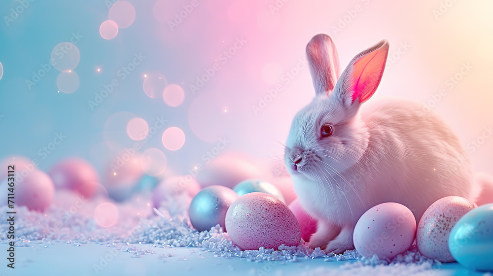 Happy Easter, white rabbit with eggs on a light background. Happy Easter, white rabbit with eggs on a light background.