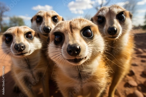 A curious pack of terrestrial mammals, including meerkats and dogs, gazes up at the vast sky with inquisitive snouts, their soft fur blending into the rugged ground beneath them © familymedia
