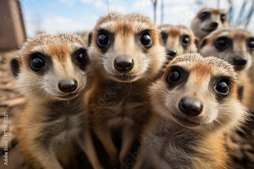 Curious meerkats gather together, their sleek fur and attentive snouts reflecting their playful and sociable nature in the warm outdoor light © familymedia