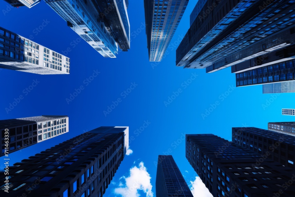  Urban skyline with skyscrapers reaching into a vibrant, deep blue city sky, Generative AI