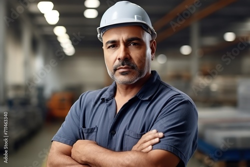 Facharbeiter in einer Produktionshalle mit weißem Helm und Arbeitskleidung. Lagerarbeiter oder Produktionshelfer bei der Arbeit in einer großen Halle. photo