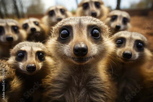 A curious clan of meerkats stand together, their snouts twitching with excitement as they gaze at the camera, their sleek fur glinting in the warm sun on the open savannah © familymedia
