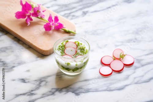 fava dip with radish slices on a marble counter