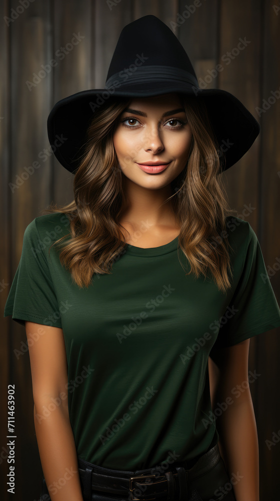 Witchy Green: Stylish Halloween Look in a Dark Green T-Shirt