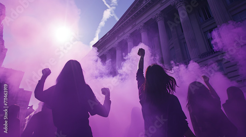 Photograph of a group of women closing fist of up high in front of government building. Purple smoke color palette. Women's day. 8M photo